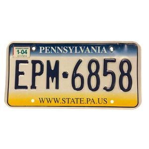 Pennsylvania License Plate EPM-6858 Blue White Yellow Vintage 2004 PA Tag